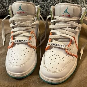 🏀🌟Youth White Washed Teal-Rush Pink Air Jordans